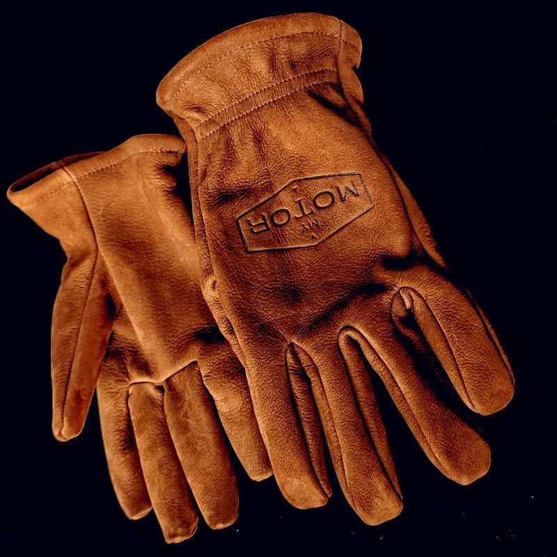 Vintage Frosted Cowhide Leather Motorcycle Gloves - Stylish Unisex Design for Long-lasting Warmth