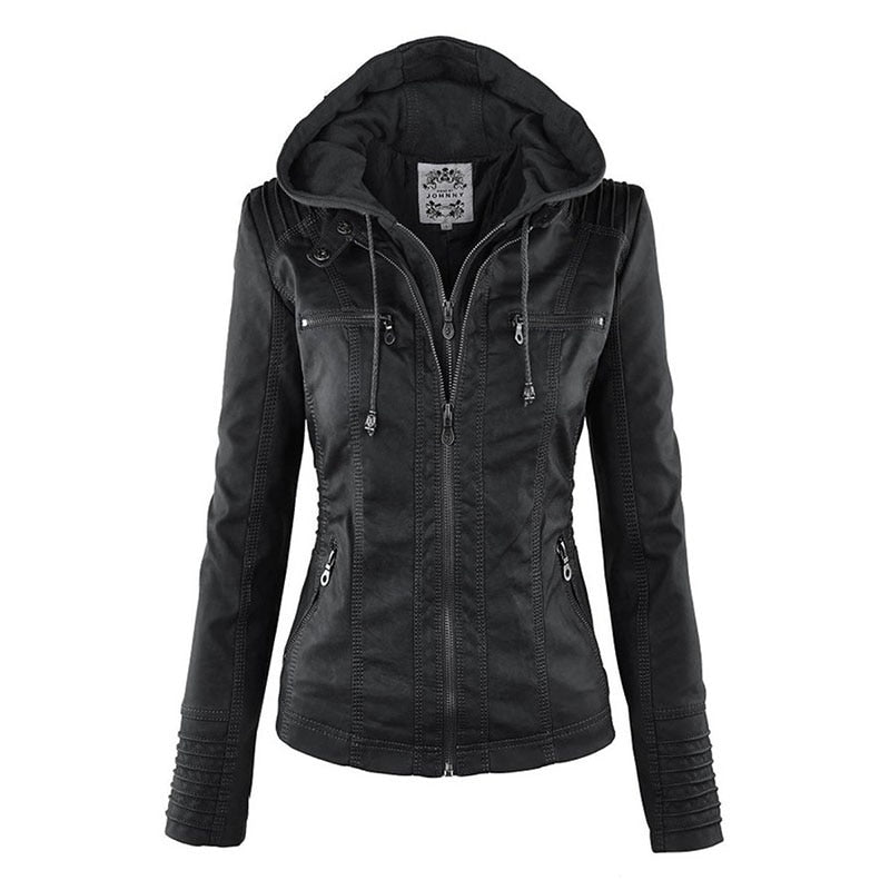 Waterproof Windproof Women's Suede PU Leather Jacket with Removable Hoodie - XS-XL Sizes Available