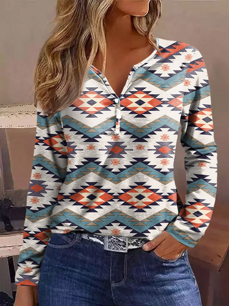 Women's Aztec Print V-Neck Long Sleeve Henley Shirt - Cotton Polyester Blend - Regular Fit