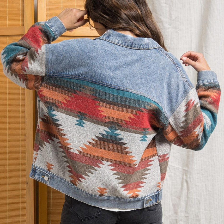 Stylish Women's Retro Aztec Long Sleeve Denim Woolen Jacket with Pockets