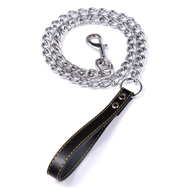 Heavy Duty Anti-bite Chain Leash with Leather Handle - 120cm - Durable Metal - Chew Proof - Suitable for Strong Dog Breeds