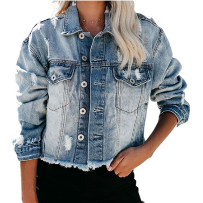 Women's Classic Denim Jacket with Tassel Decoration - 100% Cotton - Single Breasted Closure