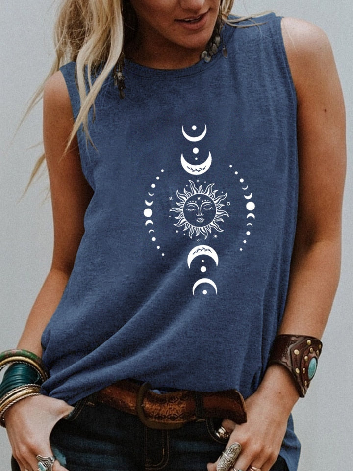 Women's Celestial Sun Moon Graphic Print Sleeveless Tank Top - Stylish and Unique Addition to Your Wardrobe