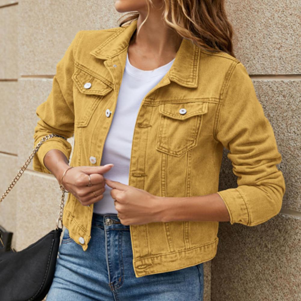 Women's Button-Up Denim Jacket with Turn-Down Collar Lapel Flap Pockets Slim Fit - Stylish and Durable