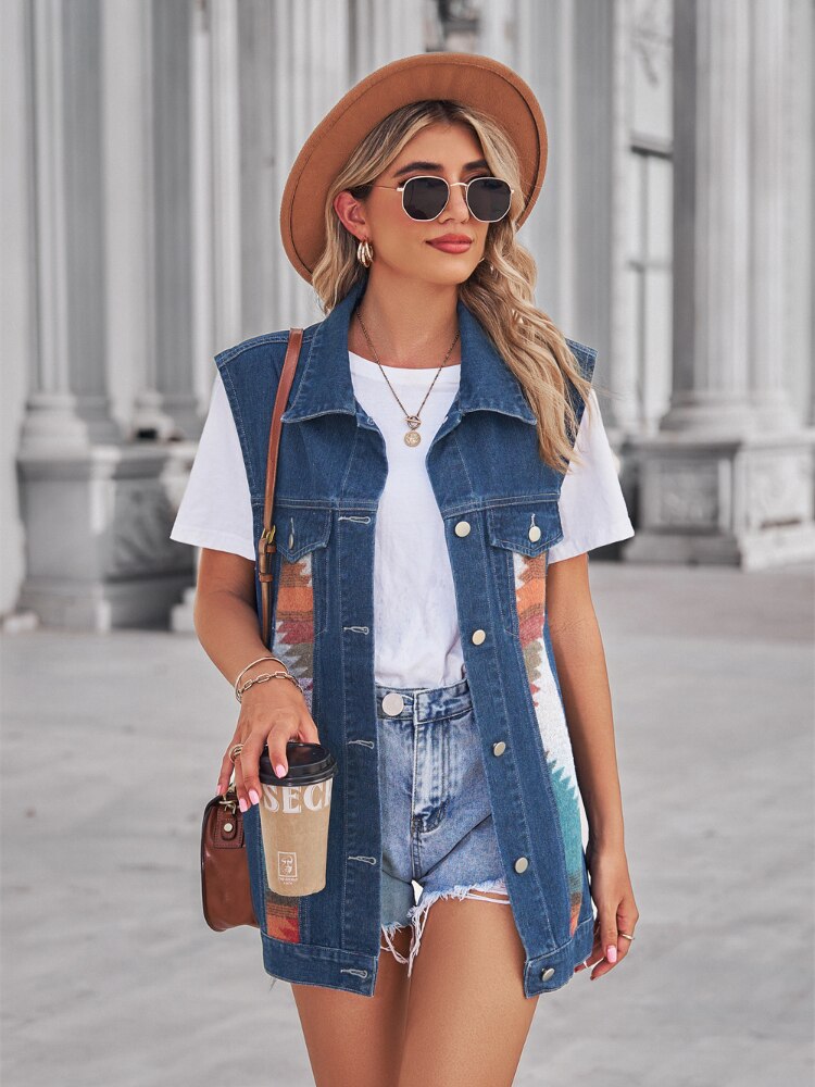 Women's Retro Geometric Aztec Denim Vest with Button Closure and Turn-down Collar