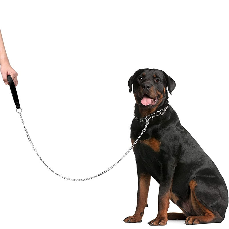 Heavy Duty Anti-bite Chain Leash with Leather Handle - 120cm - Durable Metal - Chew Proof - Suitable for Strong Dog Breeds