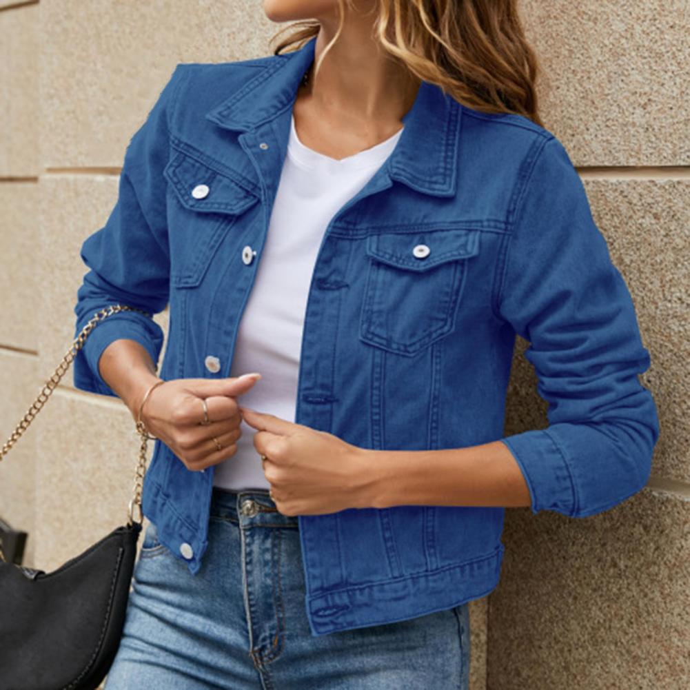 Women's Button-Up Denim Jacket with Turn-Down Collar Lapel Flap Pockets Slim Fit - Stylish and Durable