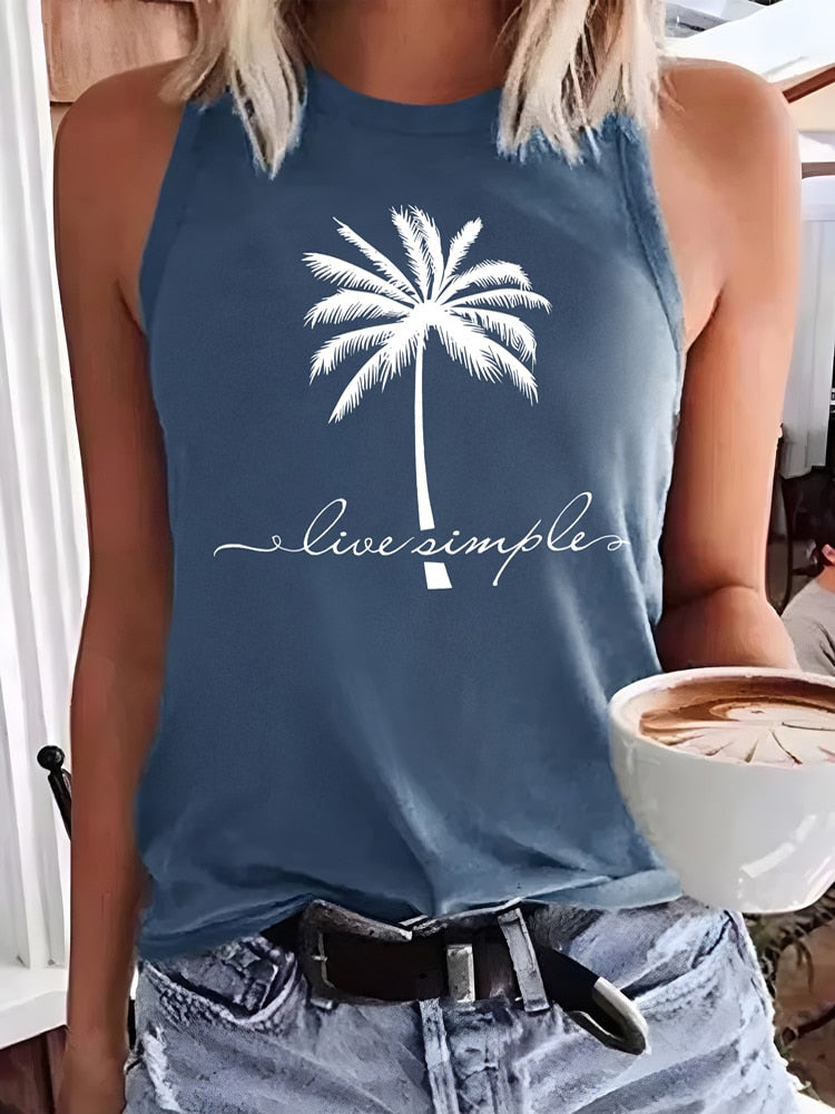 Women's Sleeveless Tank Top with Vintage Coconut Tree Graphic Print - Breathable and Stylish Summer Wear