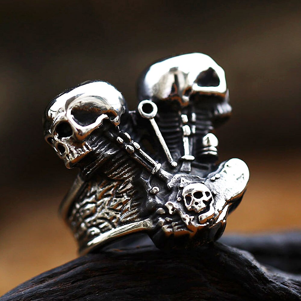 Vintage Stainless Steel Motorcycle Engine Skull Ring - Bold and Unique Biker Punk Steampunk Jewelry