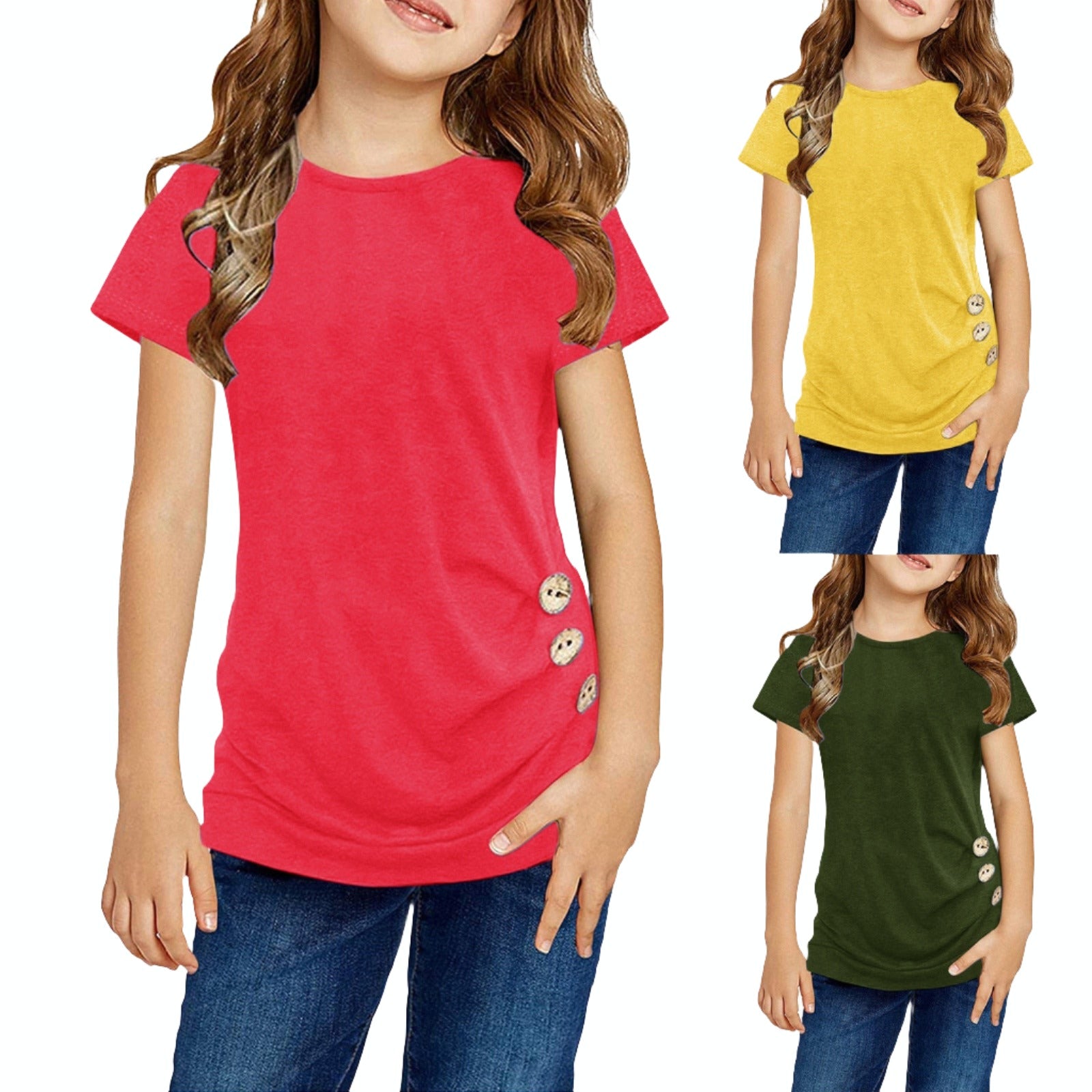 Girls Casual Knot Loose Tunic Top O-neck Short Sleeve Front Button T-shirt - 90% Cotton 10% Spandex Blend