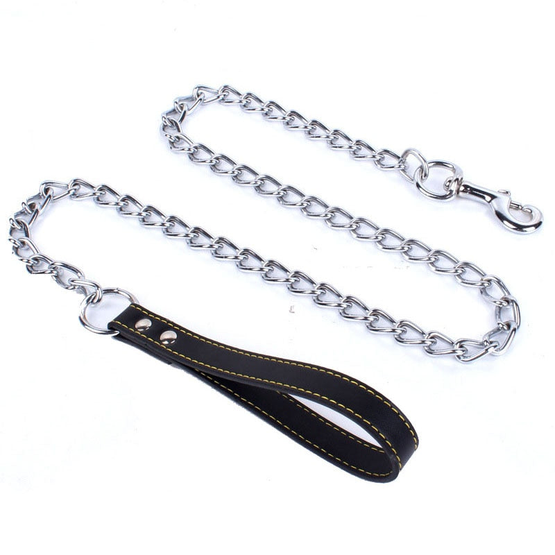 Heavy Duty Anti-bite Chain Leash with Leather Handle - 120cm - Durable Metal - Chew Proof - Suitable for Strong Dog Breeds