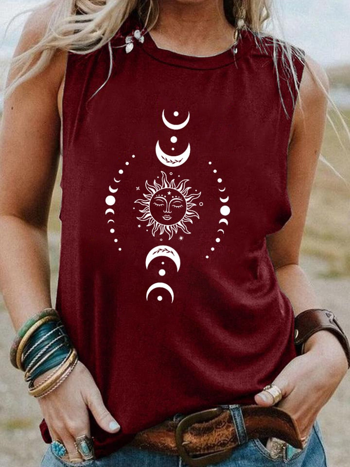 Women's Celestial Sun Moon Graphic Print Sleeveless Tank Top - Stylish and Unique Addition to Your Wardrobe