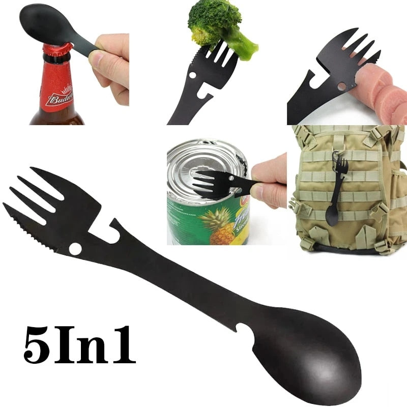 Multifunctional Stainless Steel Camping Tableware - 5-in-1 Fork Knife Spoon Bottle Can Opener for Outdoor Activities