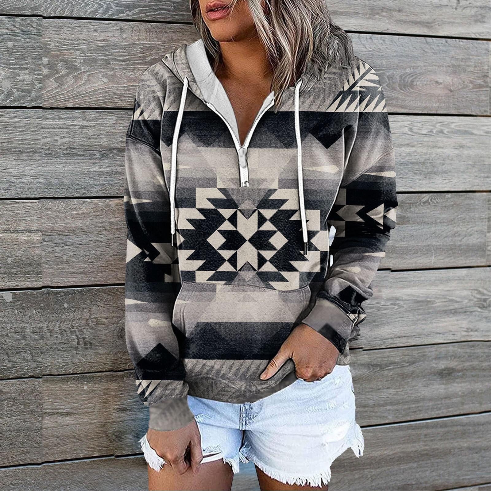 Women's Retro Aztec Geometric Print Sweatshirt Hoodie with Zip Front Closure