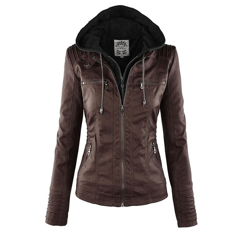 Waterproof Windproof Women's Suede PU Leather Jacket with Removable Hoodie - XS-XL Sizes Available