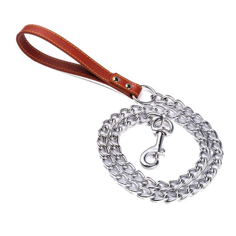 Heavy Duty Anti-bite Chain Leash with Leather Handle - 120cm - Durable Metal - Chew Proof - Suitable for Strong Dog Breeds