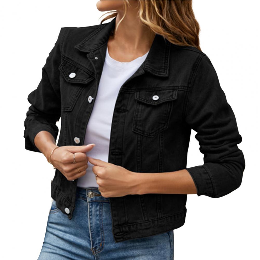 Women's Button-Up Denim Jacket with Turn-Down Collar Lapel Flap Pockets Slim Fit - Stylish and Durable