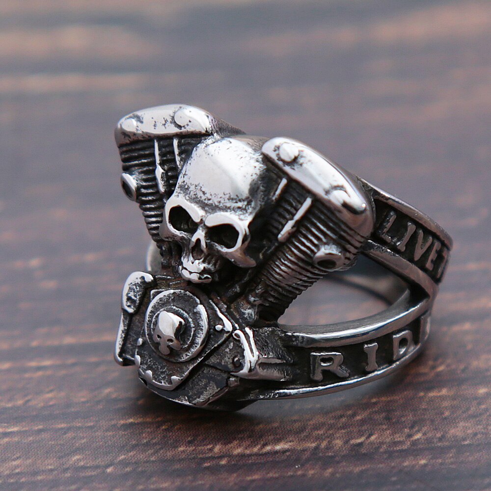 Vintage Stainless Steel Motorcycle Engine Skull Ring - Bold and Unique Biker Punk Steampunk Jewelry