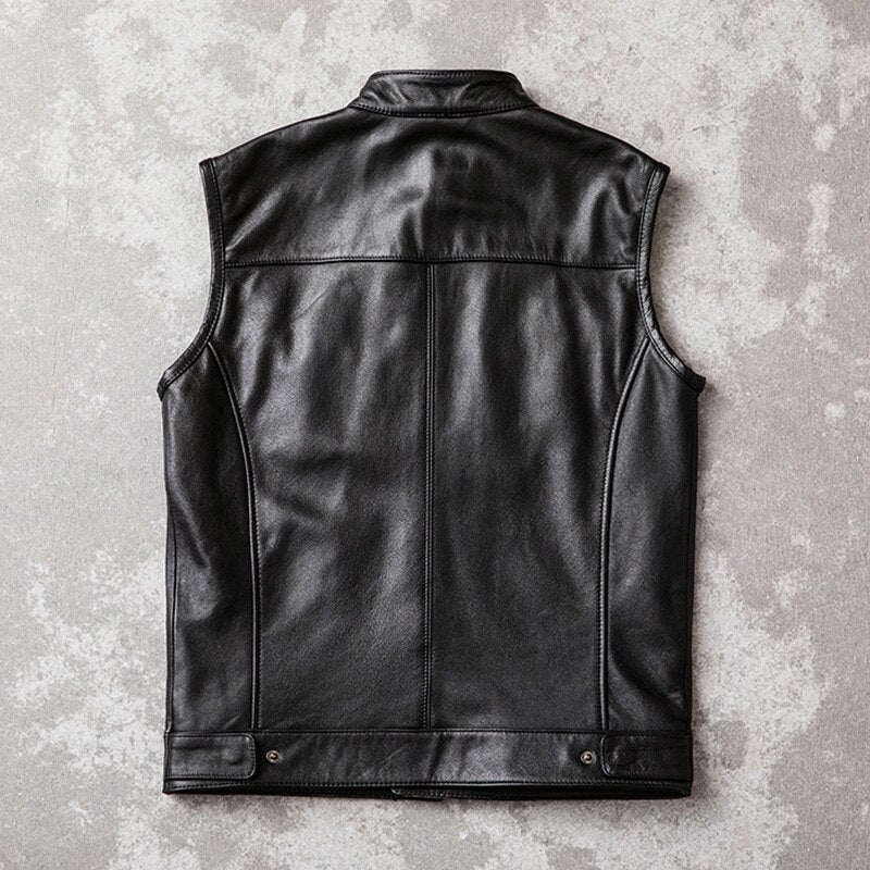 Men's Premium Leather Stand Collar Vest - Slim Fit Single Breasted Closure Polyester Lining Stylish Design