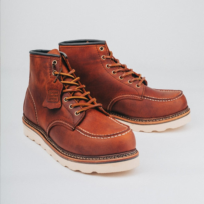 Unisex 1907 Vintage Genuine Leather Lace-up Moc-toe Boots - Durable with Shock-Resistance and Reliable Grip