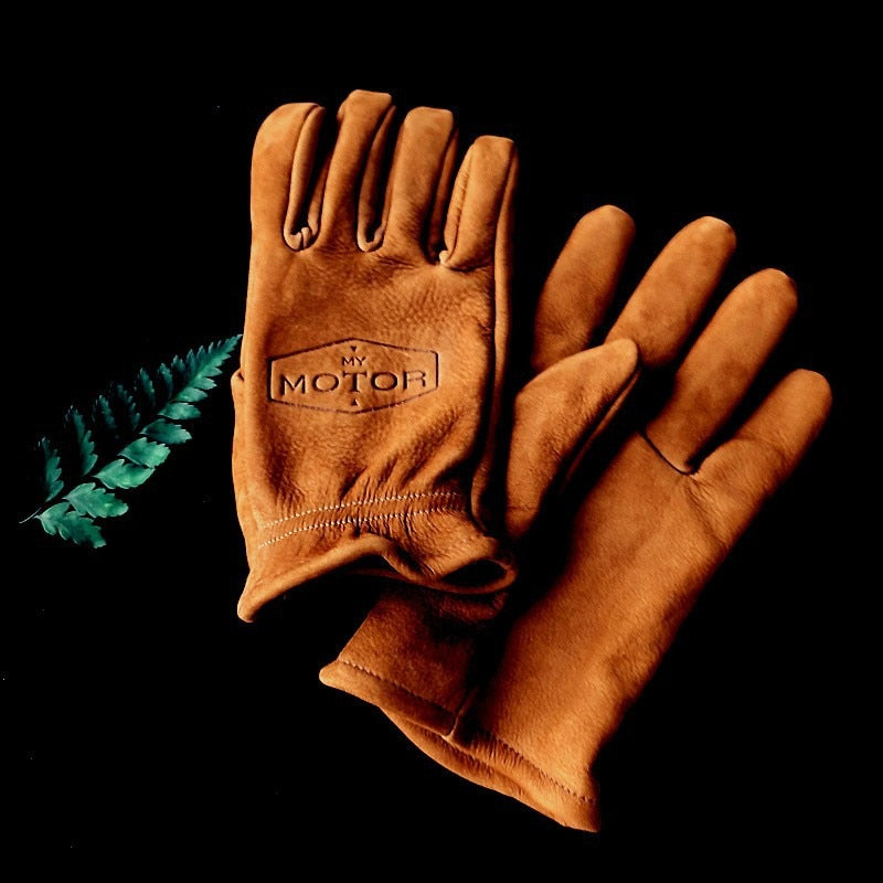 Vintage Frosted Cowhide Leather Motorcycle Gloves - Stylish Unisex Design for Long-lasting Warmth