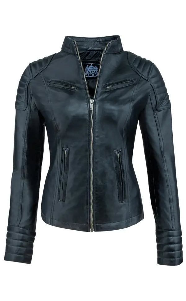 Urban 5884 Ladies Angelina Biker Black Lambskin Leather Short Jacket with Zippered Pockets and Fitted Silhouette