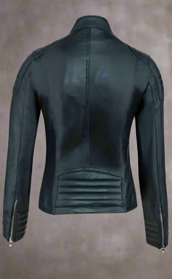 Urban 5884 Ladies Angelina Biker Black Lambskin Leather Short Jacket with Zippered Pockets and Fitted Silhouette