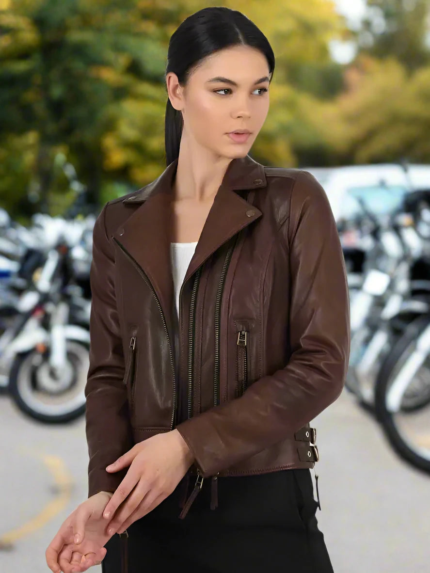 Leather Republic Classic Ladies Vax Brown Lambskin Leather Jacket with Double Front Zipper