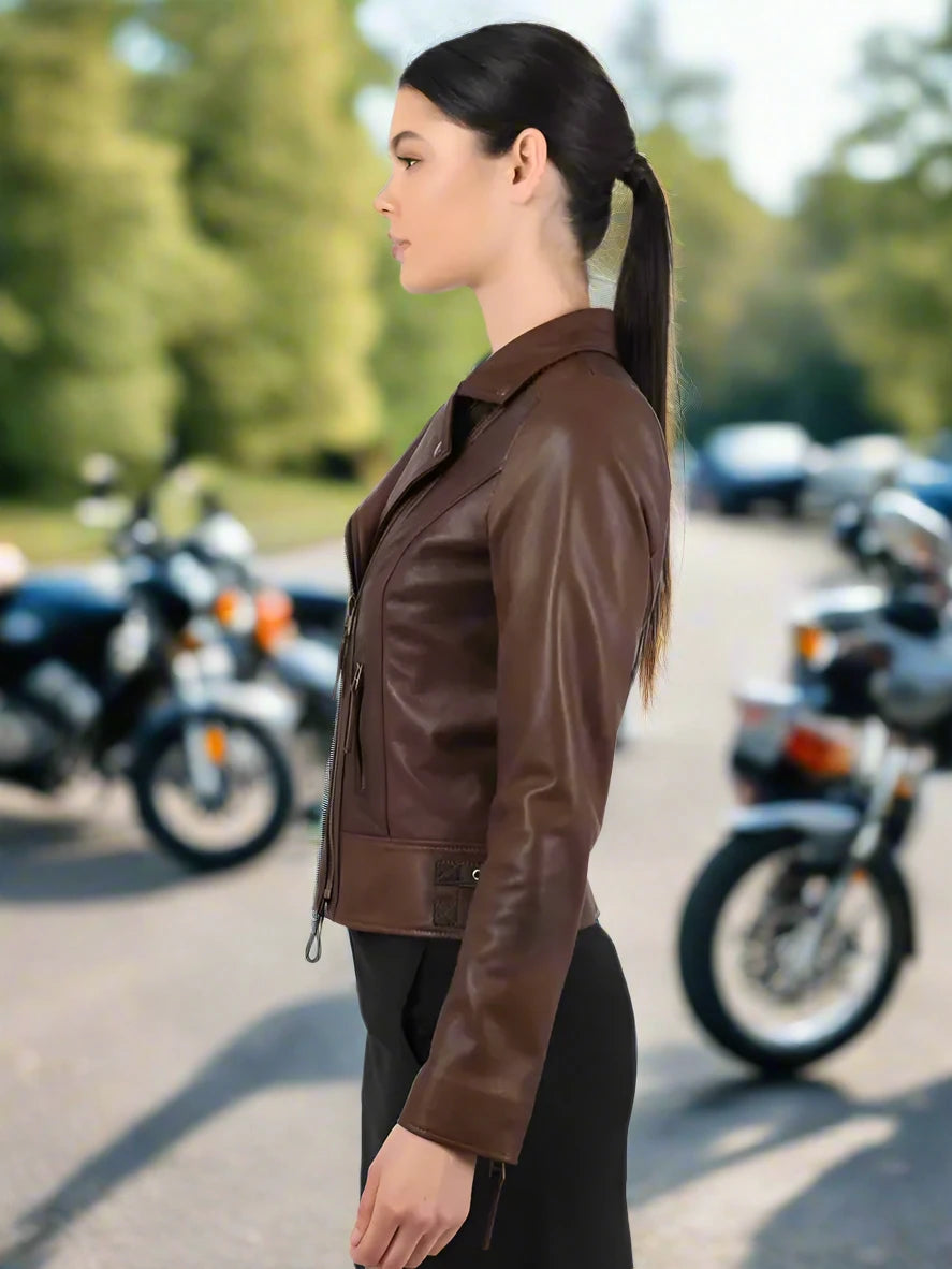 Leather Republic Classic Ladies Vax Brown Lambskin Leather Jacket with Double Front Zipper