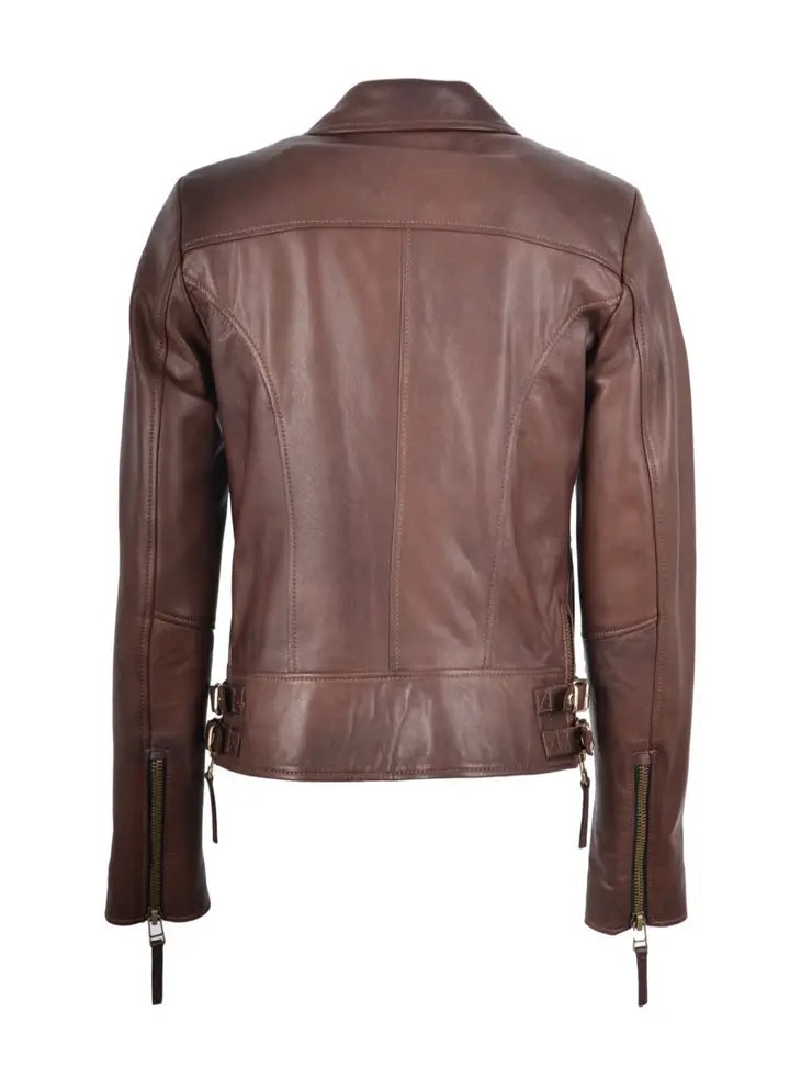 Leather Republic Classic Ladies Vax Brown Lambskin Leather Jacket with Double Front Zipper