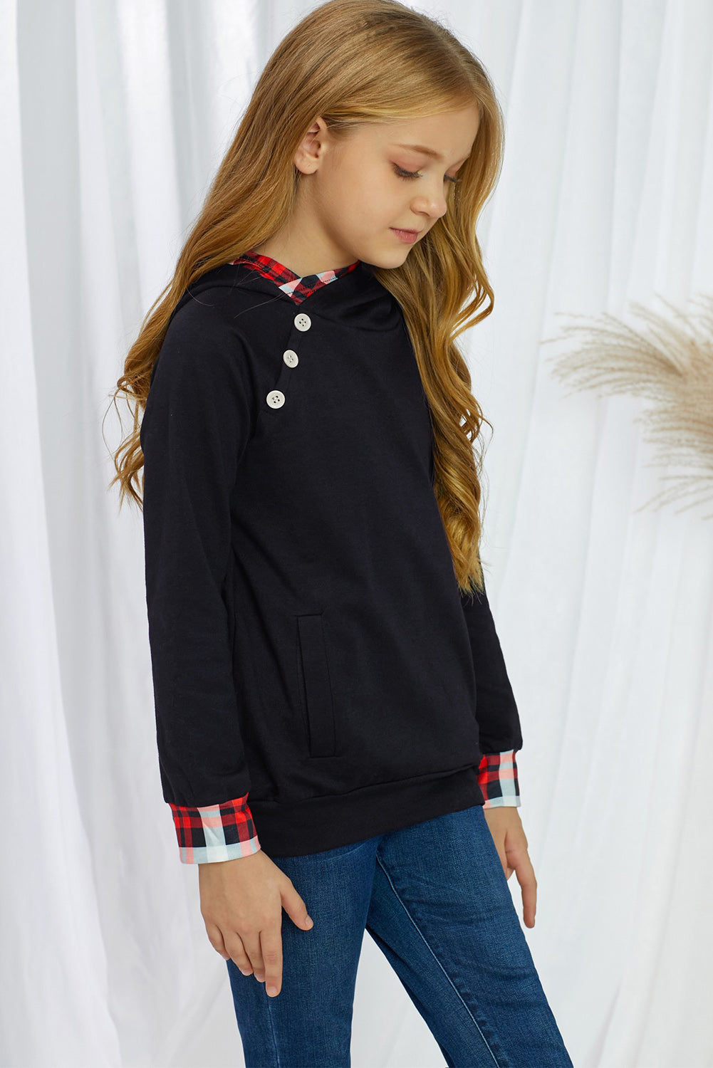 Girls Plaid Decorative Button Hoodie with Pockets - Ivy & Arrow Supply Co.