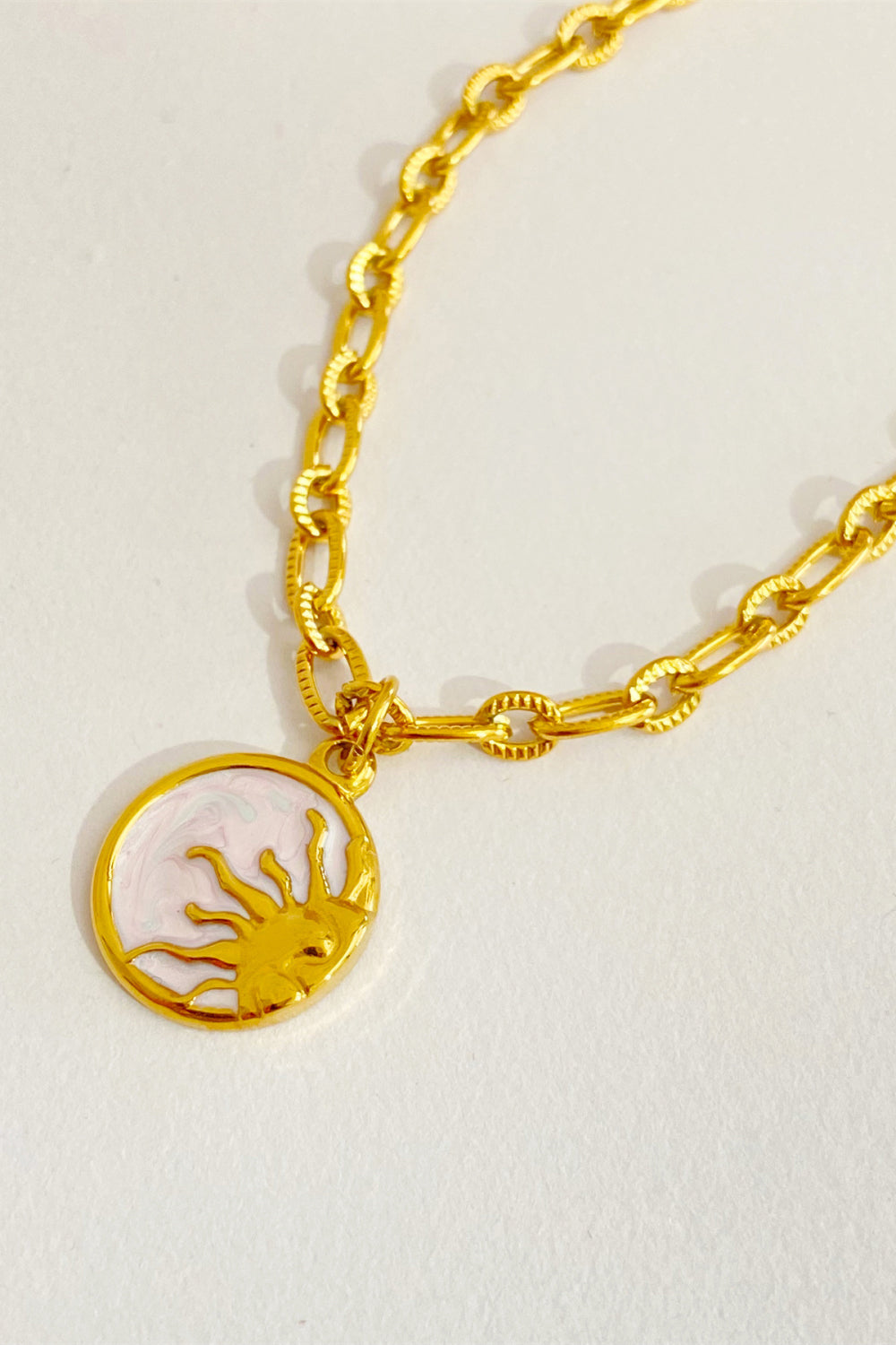 Classic Round Sun Moon Pendant Necklace - Stainless Steel - 18K Gold-Plated