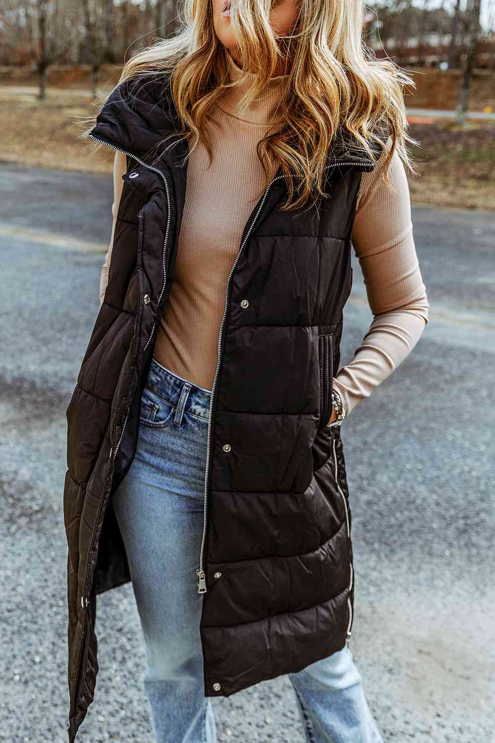 Women's Longline Hooded Sleeveless Puffer Vest with Plush Lining