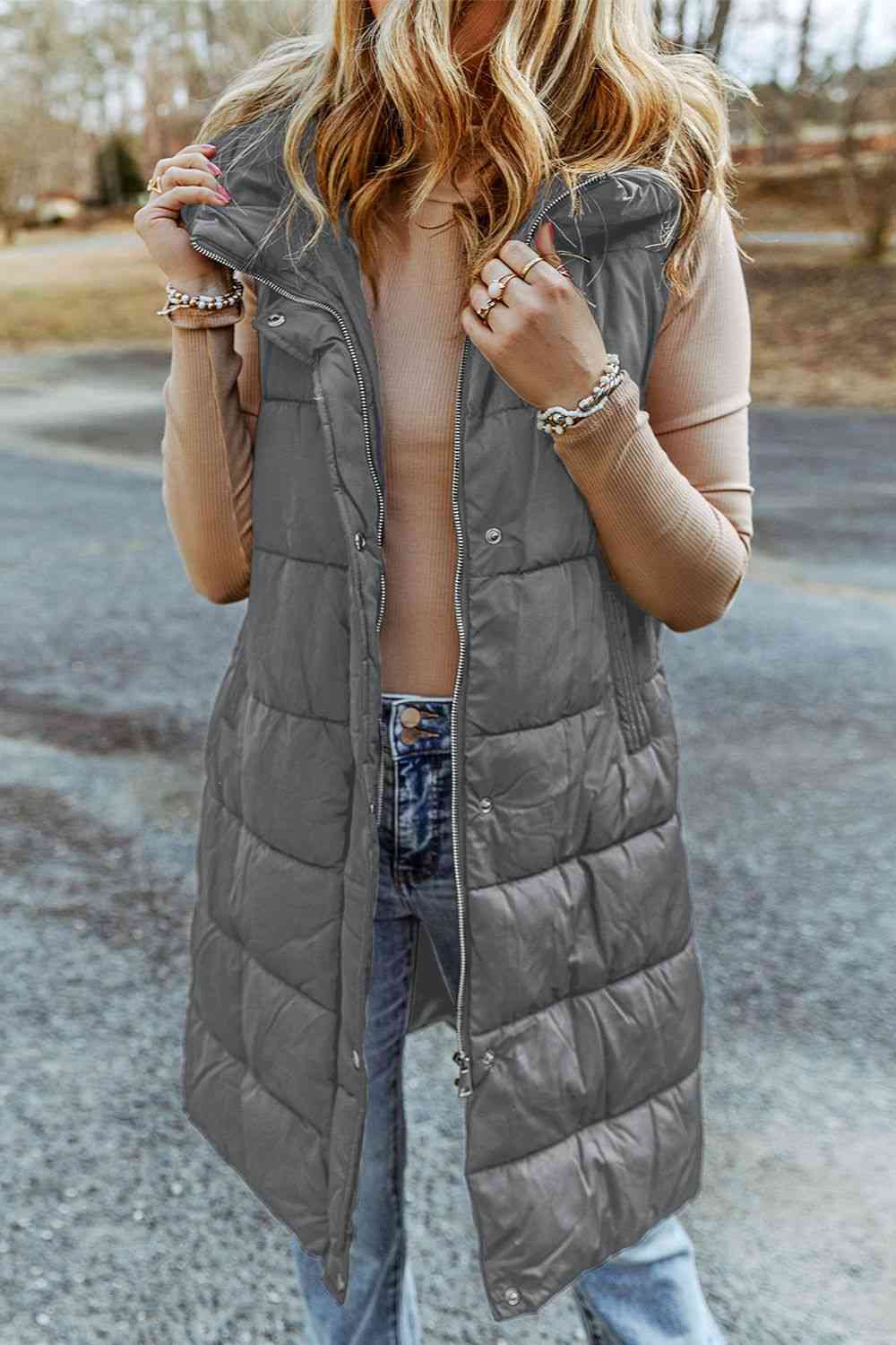 Women's Longline Hooded Sleeveless Puffer Vest with Plush Lining