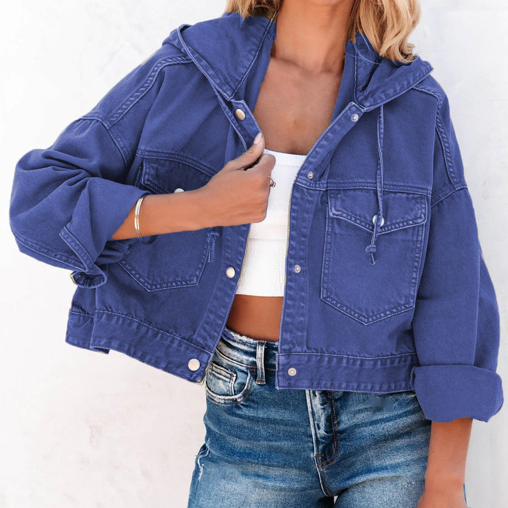 Women's Stylish Hooded Dropped Shoulder Denim Jacket with Pockets and Drawstring - Cotton/Polyester Blend