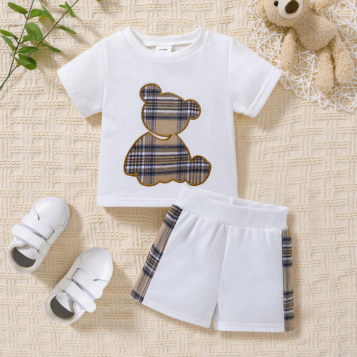 Baby Plaid Bear Graphic Round Neck Tee and Shorts Set by White Label - Comfortable and Breathable Fabric