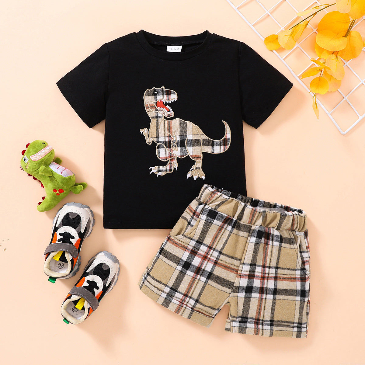 White Label Kids Plaid Dinosaur Graphic Print Tee and Shorts Set - 65% Polyester 30% Cotton 5% Spandex