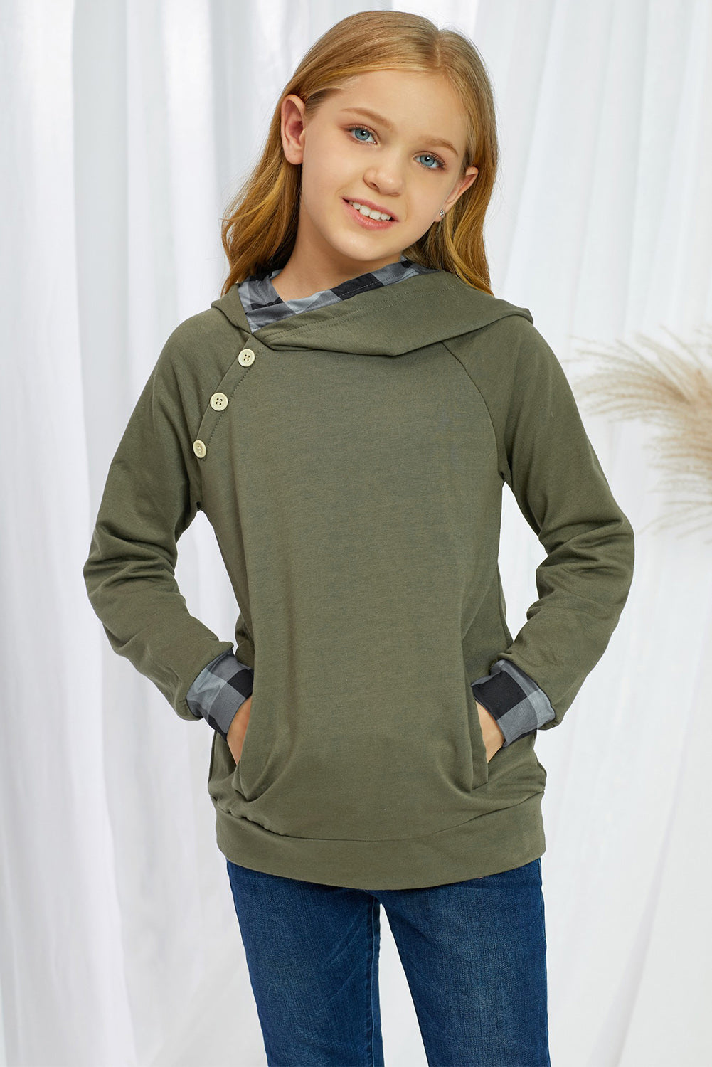 Girls Plaid Decorative Button Hoodie with Pockets - Ivy & Arrow Supply Co.