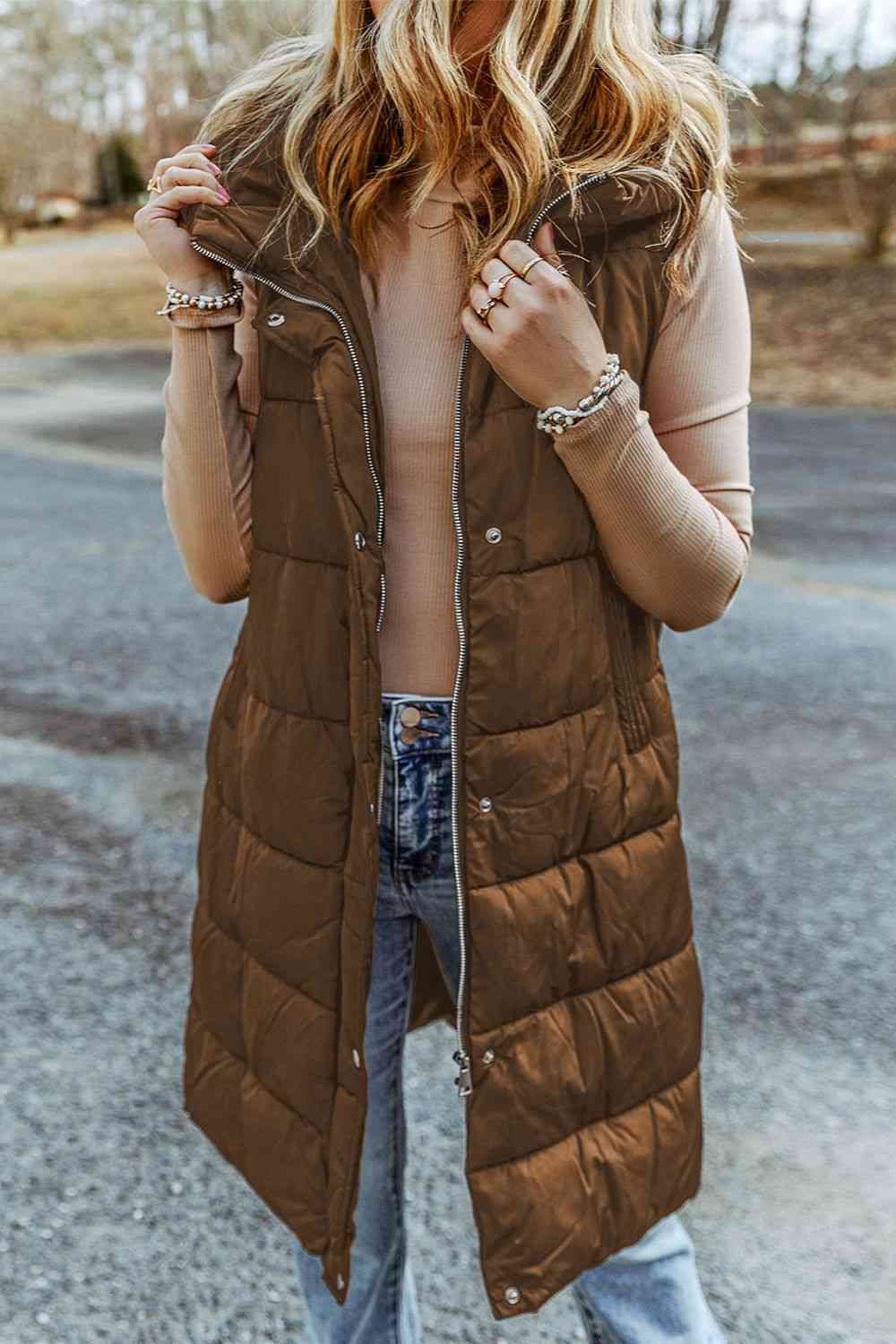 Women's Longline Hooded Sleeveless Puffer Vest with Plush Lining