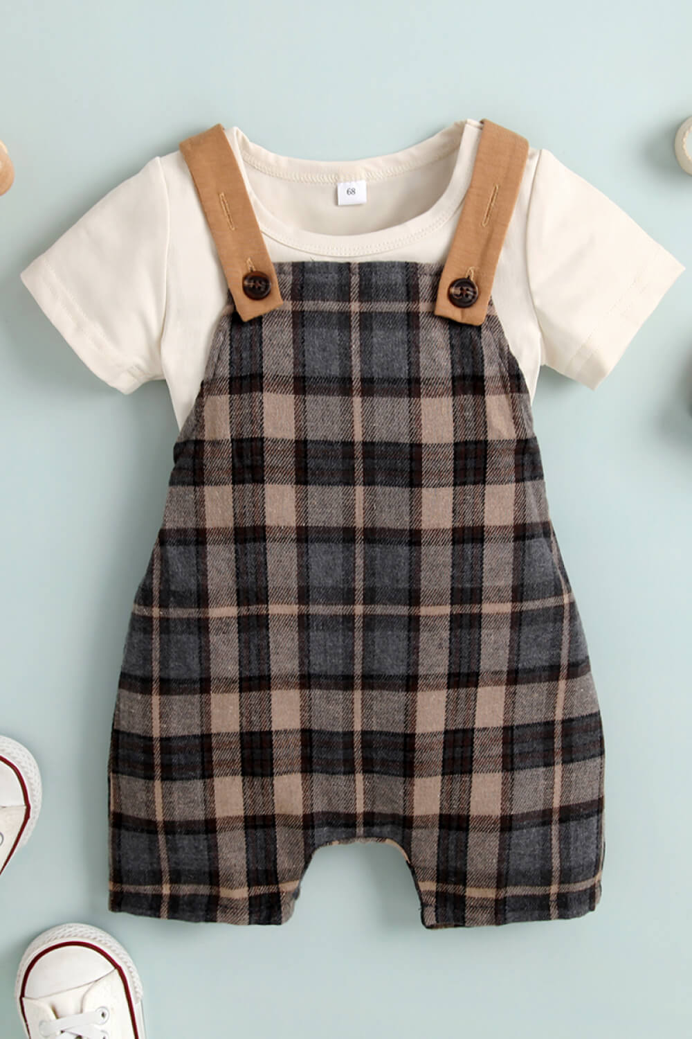 Baby Round Neck Tee Plaid Button Overalls Set by White Label - 100% Polyester Fabric - Available in Sizes 3-24 Months