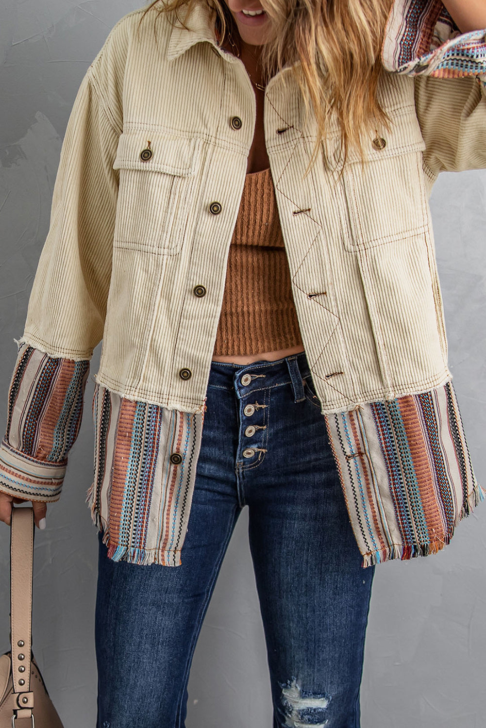 Striped Frayed Hem Corduroy Jacket - Ivy & Arrow Supply Co.