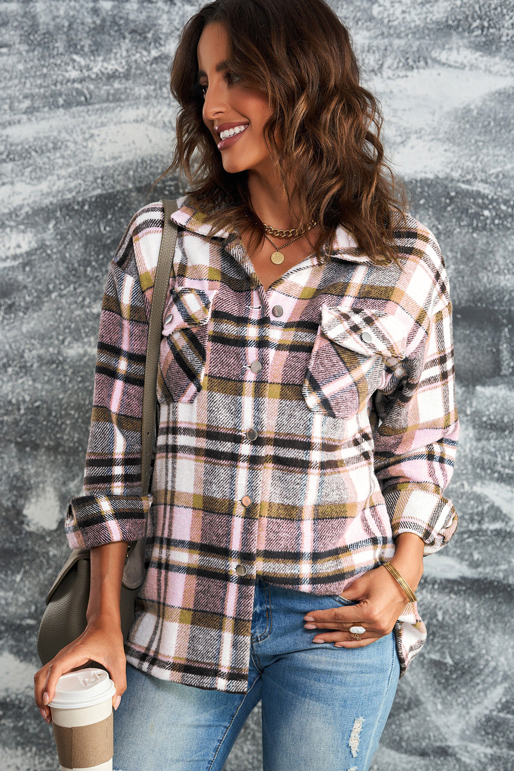 White Label Women's Plaid Flannel Shacket with Button Front and Pockets - 100% Polyester Shirt Jacket