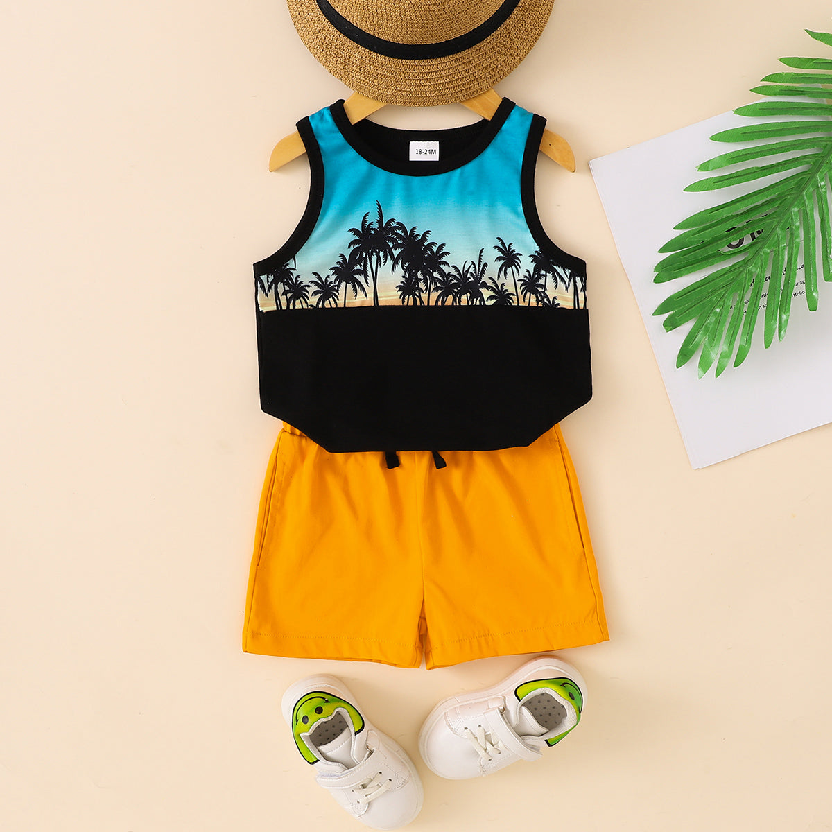 White Label Kids Trees Sunset Graphic Print Tank Top Shorts Set - Sleeveless Round Neck - Tie Waist - 90% Polyester 10% Nylon