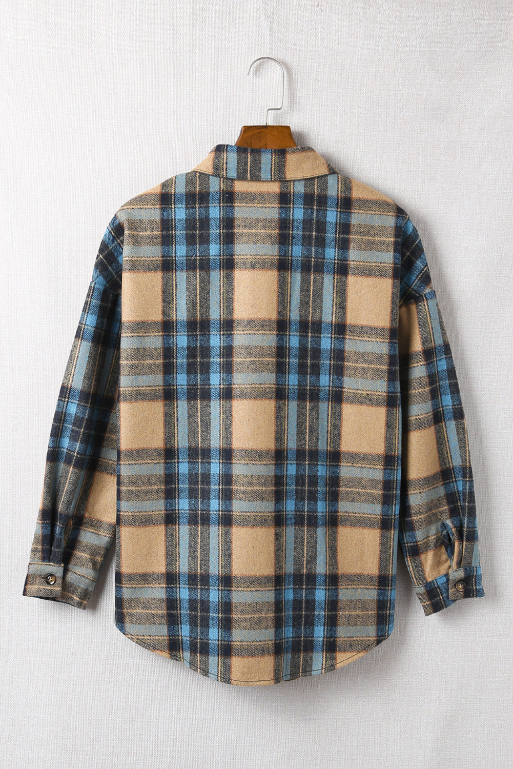 Women's Plaid Flannel Shacket Shirt Jacket with Curved Hem and Breast Pockets - Made of 100% Polyester