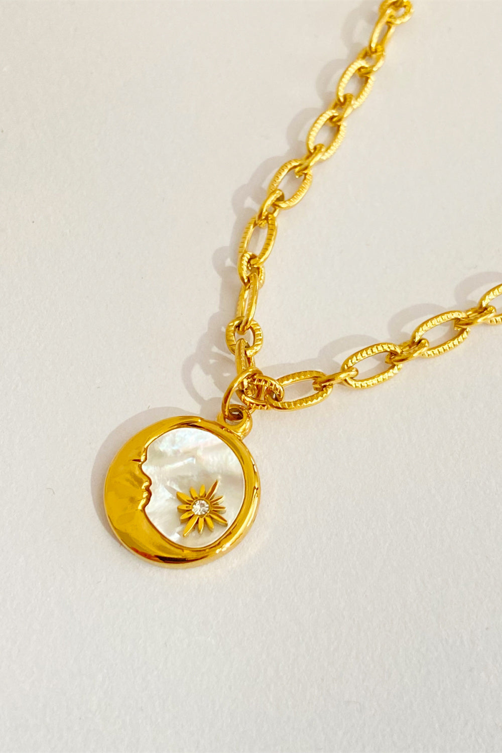 Classic Round Sun Moon Pendant Necklace - Stainless Steel - 18K Gold-Plated