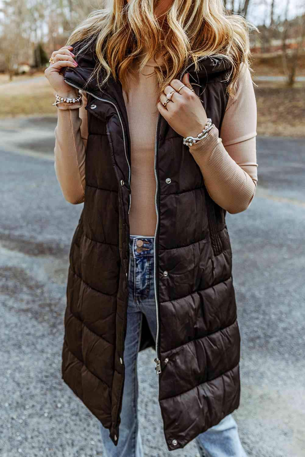 Women's Longline Hooded Sleeveless Puffer Vest with Plush Lining