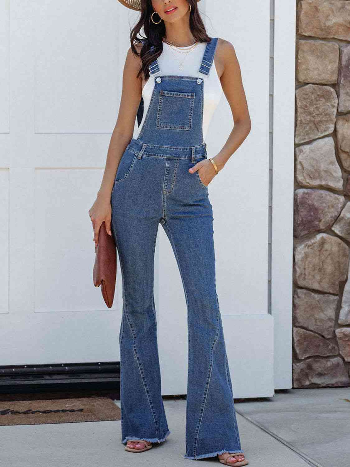 Women's Raw Hem Denim Overall with Chest Pocket - Chic and Comfortable Jumpsuit in Cotton/Polyester Blend