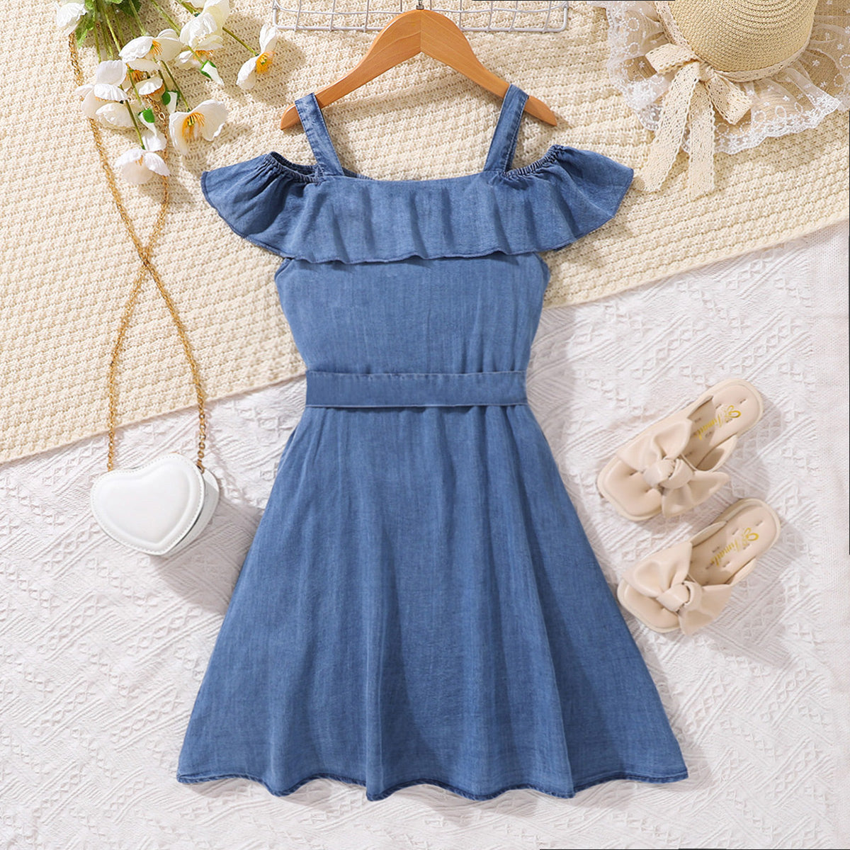 Stylish White Label Girls Denim Dress with Square Neckline and Cold-Shoulder Design