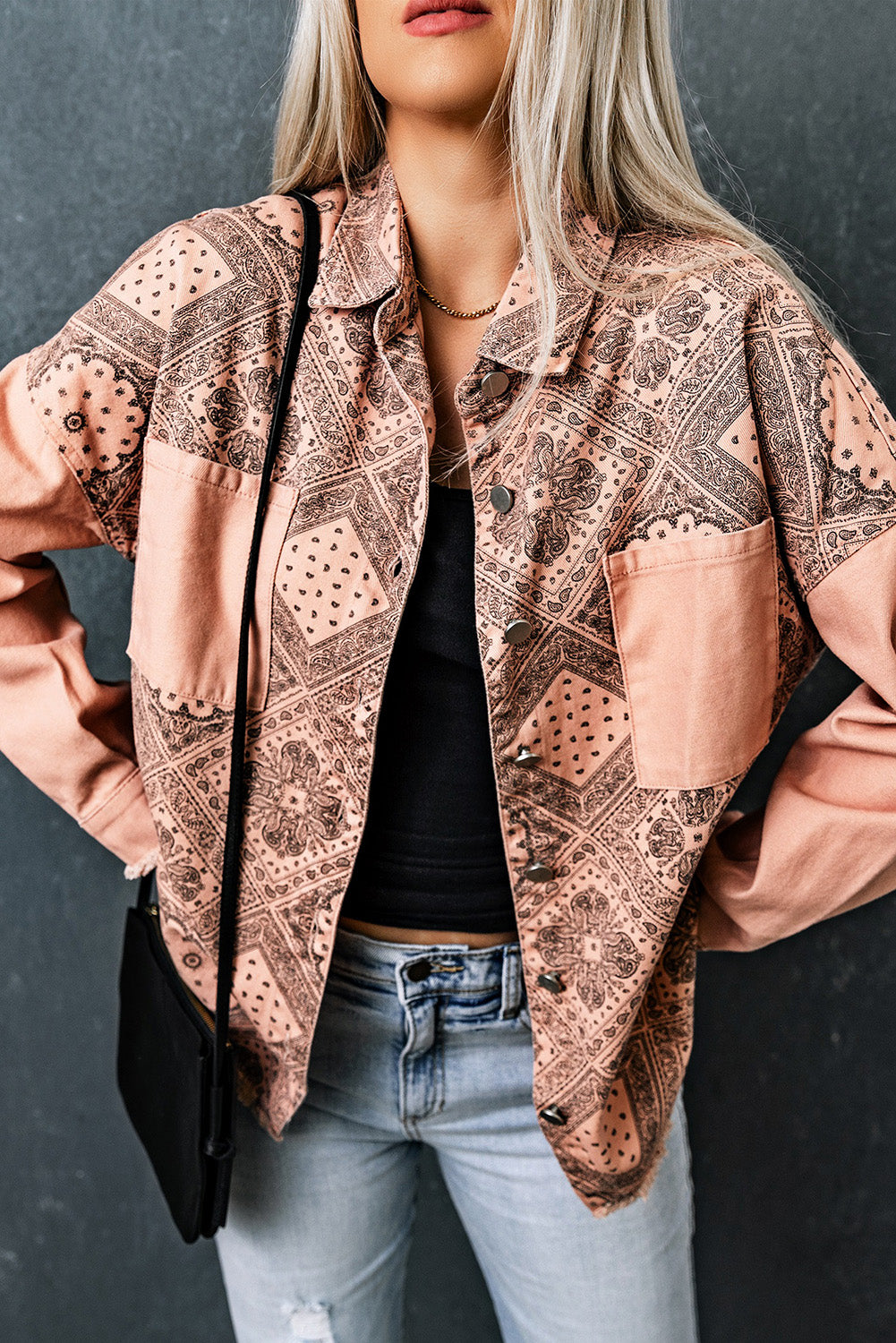 White Label Women's Button Down Jacket with Raw Hem and Printed Design - Made from 100% Cotton