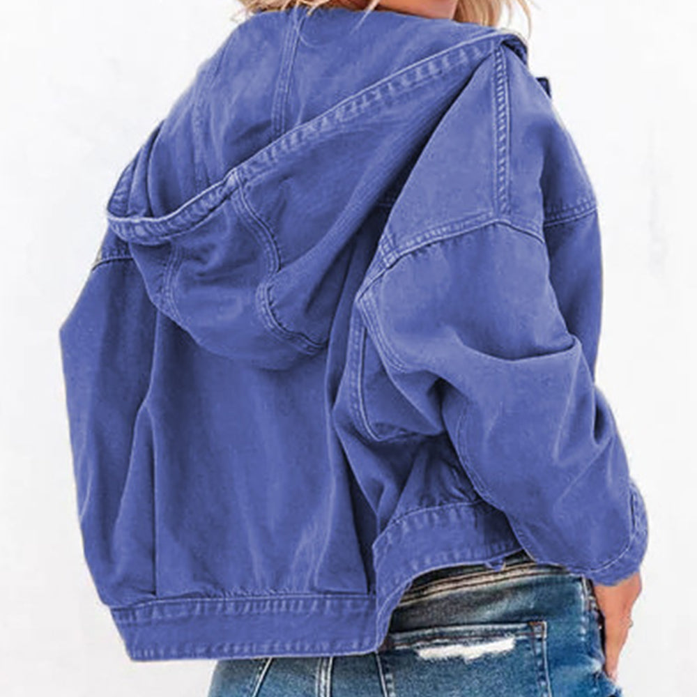 Women's Stylish Hooded Dropped Shoulder Denim Jacket with Pockets and Drawstring - Cotton/Polyester Blend